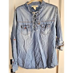marci blue denim roll‎ tab criss cross neck cotton top woman Sz M